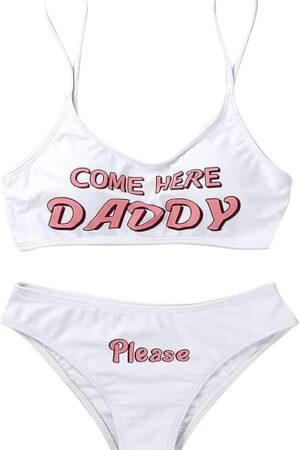 Women's 2Pcs Come Here Yes Daddy Please Printed Bikini Swimsuit Bathing Suit Padded Bra Top Panty Set Swimwear
