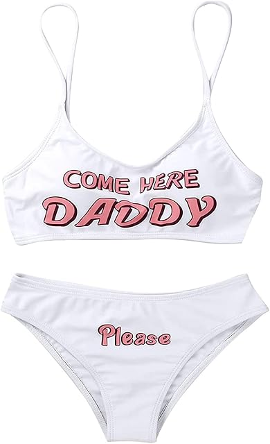 Women's 2Pcs Come Here Yes Daddy Please Printed Bikini Swimsuit Bathing Suit Padded Bra Top Panty Set Swimwear