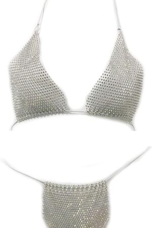 2Pcs Sparkly Rhinestones See-Through Bikini Set Women Triangle Halter Top Bra Tie Side Bottom Raves Lingerie Set