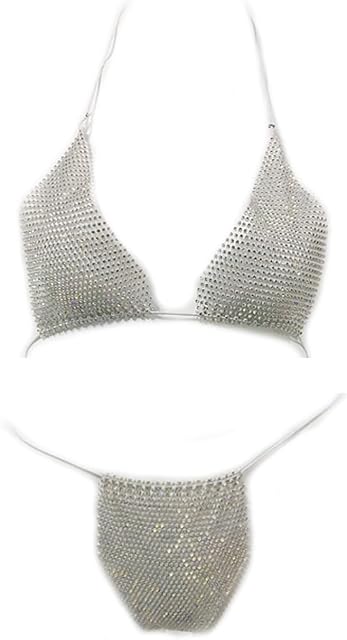 2Pcs Sparkly Rhinestones See-Through Bikini Set Women Triangle Halter Top Bra Tie Side Bottom Raves Lingerie Set