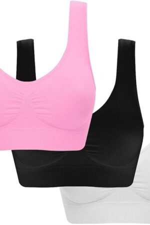 3 Pack Stretchy Sports Bras for Women, Seamless Comfort Yoga Bra with Pads, Sexy Beauty Back Wirefree Bralette