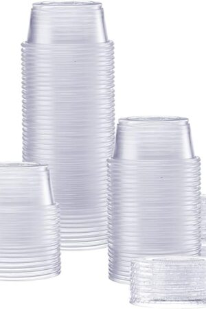 GUSTO [2 oz - 100 Count Clear Disposable Plastic Portion Cups with Lids - Souffl? Cups, Jello Shot Cups With Lids, Clear Plastic Containers Perfect for salad Dressing and More- Formerly Comfy Package