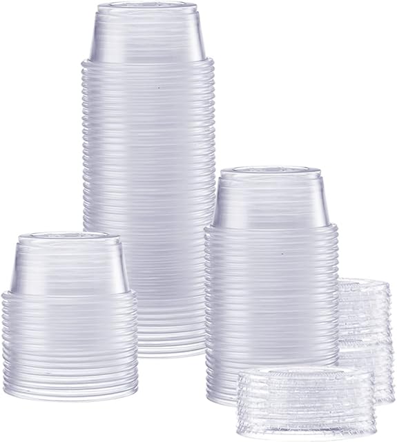 GUSTO [2 oz - 100 Count Clear Disposable Plastic Portion Cups with Lids - Souffl? Cups, Jello Shot Cups With Lids, Clear Plastic Containers Perfect for salad Dressing and More- Formerly Comfy Package