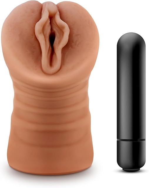 Blush Novelties M for Men by - Ultra Soft Realistic Vagina Masturbator Stroker - Single Speed Vibrating Bullet Included - Open Ended, Ribbed & Tight, Engulfs Your Penis - Pocket Sized Male Sex Toy