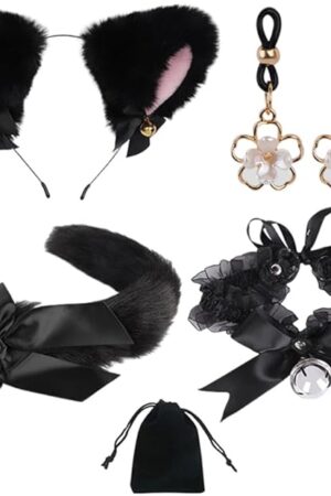 5PCS Cat Tail Butt Plug Furry Ears Headband Fox Animal Costume Set Lace Choker Sex Adjustable Nipple Clamp Bell Animal Sexual Anus Role Play