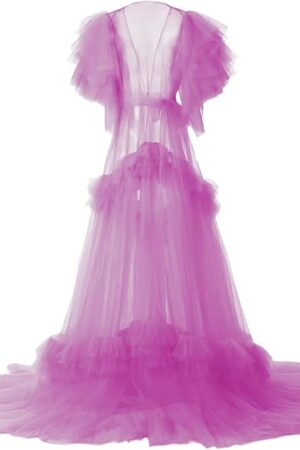 Fluffy Sleeves Bridal Robe Sheer Mesh Maxi Lingerie cover Up A Line Tulle Maternity Photoshoot Robe