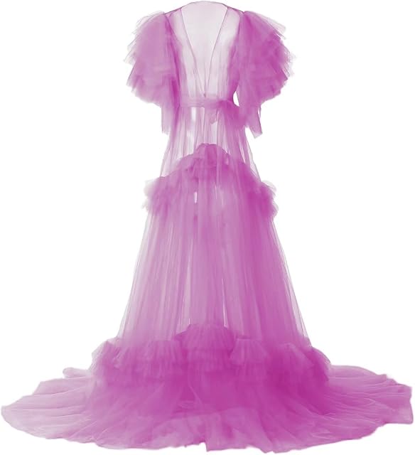 Fluffy Sleeves Bridal Robe Sheer Mesh Maxi Lingerie cover Up A Line Tulle Maternity Photoshoot Robe