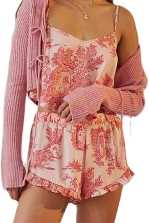 Women 2 Piece Silk Shorts Pajama Sets Lace Trim Camisole and Shorts Sleepwear Suits Sexy Stain Lingerie Nightwear Sets