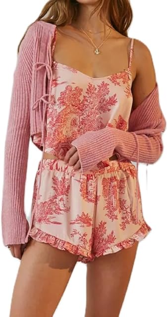 Women 2 Piece Silk Shorts Pajama Sets Lace Trim Camisole and Shorts Sleepwear Suits Sexy Stain Lingerie Nightwear Sets