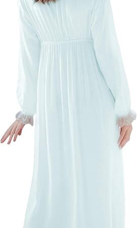 Women's Vintage Victorian Nightgown Long Sleeve Lace V Neck Sleepwear Cotton Pajamas Nightwear Lounge Dress