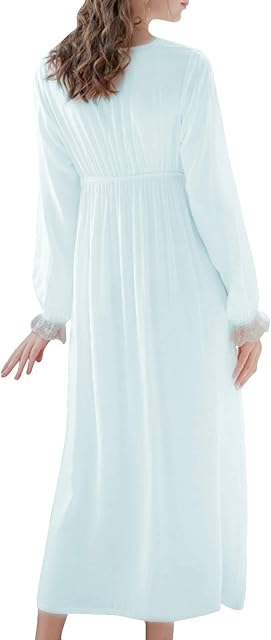 Women's Vintage Victorian Nightgown Long Sleeve Lace V Neck Sleepwear Cotton Pajamas Nightwear Lounge Dress