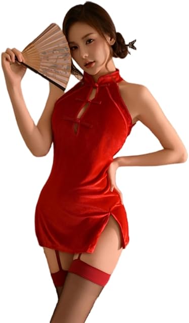 Women's Velvet Anime Cosplay Lingerie, Chinese Cheongsam Lingerie Dress, High Split, Chinese Qipao Cosplay