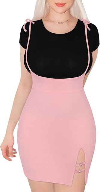 Women U-Shaped Opening Adjustable Halter Cotton Overall 'Preppy Princess' Bodycon Jumper Skirt with Heart Garter