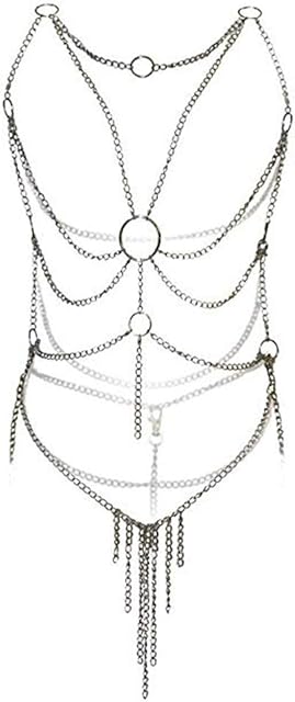 Women's Lingerie Chain Set Cross Enticing Tassel Body Link Harness Metal Chain Set Metallic