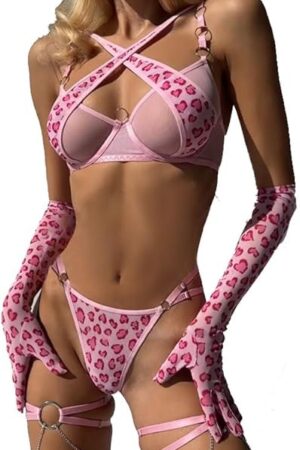 Women's Two Piece Love Loop Lingerie Leopard Print Cheeky Bikini Sets Sexy Halter Ring Triangle String