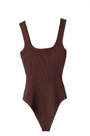 Women Ribbed Sexy Bodysuit Sleeveless Square Neck Padded Tank Top Tops Bodysuit