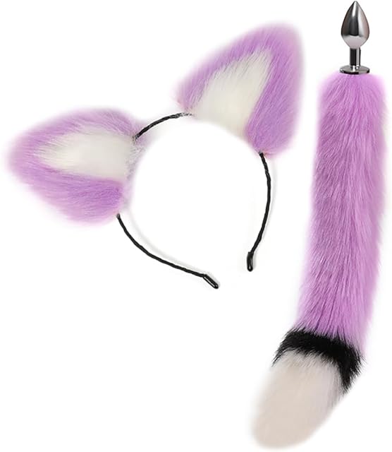 Butt Plug Fox Tail,Purple/White/Black Colour 2Pcs/Set Sex Fox Tail Anales Plug Toys Butt Plugs with Cat Ears Headband Anal Sex Toys-2.8cm Anal Plugs