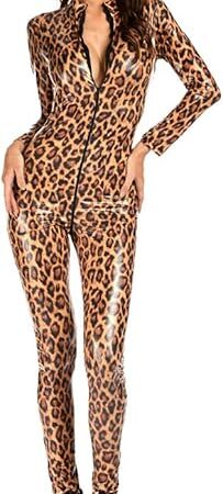 Women Sexy Jumpsuit PU Leopard Bodysuit Faux Leather Slim Fit Catsuit Zipper Long Sleeve One Piece Outfit Clubwear