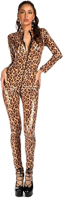 Women Sexy Jumpsuit PU Leopard Bodysuit Faux Leather Slim Fit Catsuit Zipper Long Sleeve One Piece Outfit Clubwear