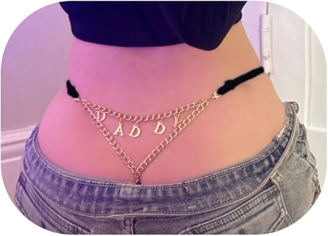 Gold Letters Pendant Waist Chain Bikini Thong Panties Summer Beach Festival Rave G String Hip Body Jewelry for Women