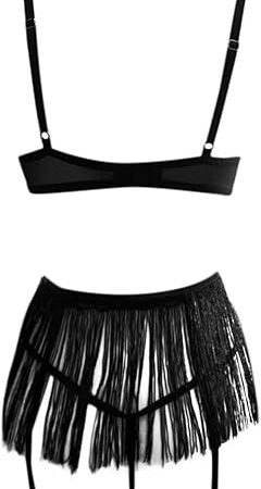 Women Sexy Lingerie Set Sheer Mesh Bra with Fringe Trim Exotic Lingerie for Anniversary Occasions
