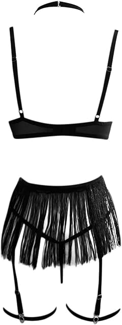 Women Sexy Lingerie Set Sheer Mesh Bra with Fringe Trim Exotic Lingerie for Anniversary Occasions