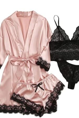 Womens Silk Pajamas Robes Set 4PACKS Sexy Pjs Cami Shorts Satin Sleepwear Lace Loungewear (US, Alpha, Large, Regular, Regular, Champagne)
