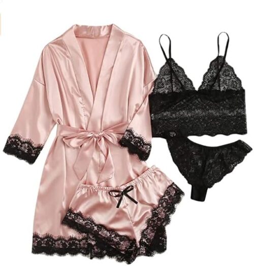 Womens Silk Pajamas Robes Set 4PACKS Sexy Pjs Cami Shorts Satin Sleepwear Lace Loungewear (US, Alpha, Large, Regular, Regular, Champagne)