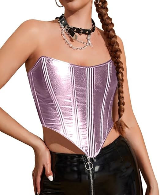 Corset Tops for Women Metallic Leather Corset Top Y2K Sexy Strapless Bustier Bodyshaper