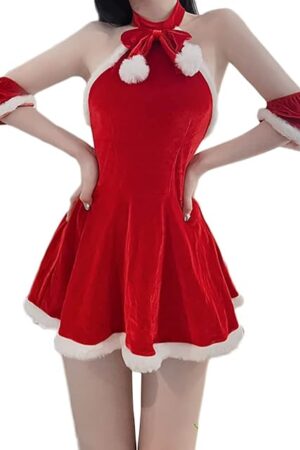 Women's Costume Mrs. Claus Santa Christmas Outfits Sexy Lady Cosplay Halter Backless Mini Dress