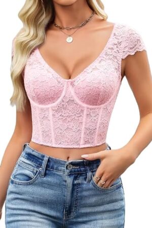 Corset Tops for Women Floral Lace Bustier Cap Sleeve Crop Top V Neck Y2K Clothes Sexy Going Out Outfit with Buckle