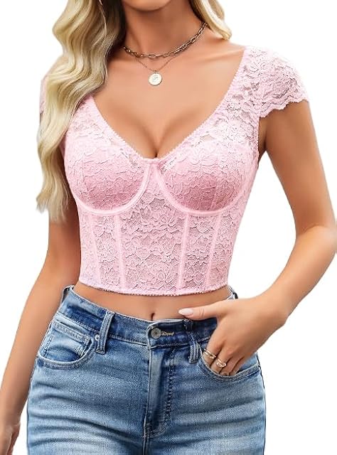 Corset Tops for Women Floral Lace Bustier Cap Sleeve Crop Top V Neck Y2K Clothes Sexy Going Out Outfit with Buckle