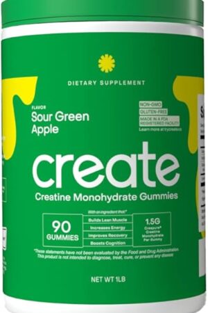 Creatine Monohydrate Gummies for Men & Women - Boost Focus, Strength, and Endurance, Anti-Melting Formula, Vegan, Gluten-Free, Non-GMO, 15 Gram Creatine per Gummy (Sour Green Apple, 90 ct)