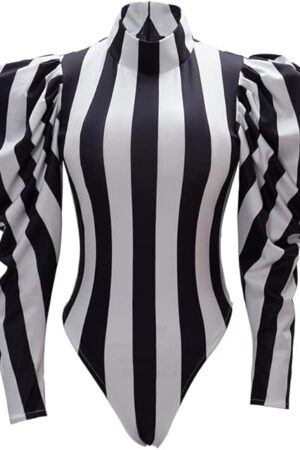 Women's Black White Striped Jumpsuit Adult Sexy Bodysuit Cosplay Costume