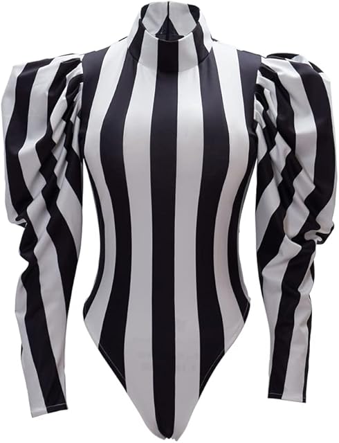 Women's Black White Striped Jumpsuit Adult Sexy Bodysuit Cosplay Costume