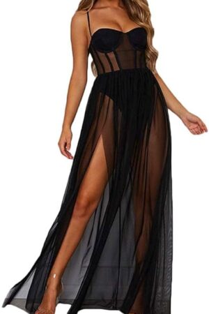 Women's Sexy See Through High Slit Long Maxi Mesh Sheer Dress Lingerie Gown Club Dress