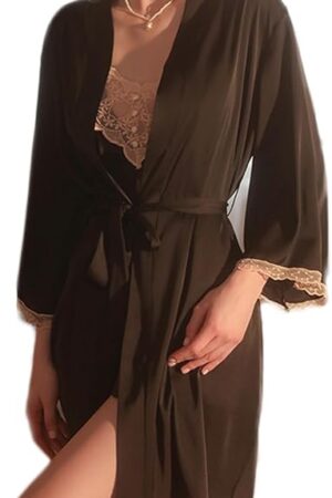 Women Lingerie Satin Lace Chemise Babydoll Sexy Sling Nightgown with Outer Robe