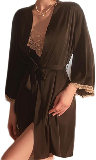 Women Lingerie Satin Lace Chemise Babydoll Sexy Sling Nightgown with Outer Robe