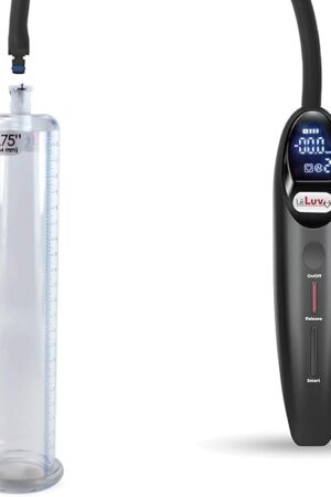 LeLuv Magna Black Electric Penis Pump - 9" x 175" Diameter - LCD Smart Handheld USB Rechargeable Untapered Acrylic Round Flange Quick-Disconnect Cylinder