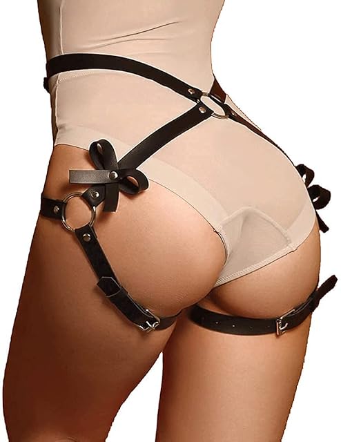 Women Leather Garter Belt with Handcuffs, Adjustable Punk Body Harness Lingerie, Thigh Leg Waist Chains, Nightclub Party Belly Belts Accessories, Black, 10