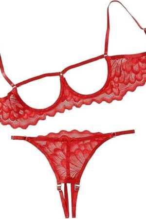 2 Piece Sexy Underwire Floral Lace Sheer Lingerie Set for Women See Through Bra and Panty