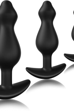 Anal Plug Training Set, Silicone Anal Beads Plug Kit for Comfortable Long-Term Wear Prostate Massager Sex Toy with Narrow Flared Base & Long Neck Black TJIJP