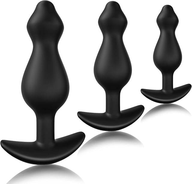 Anal Plug Training Set, Silicone Anal Beads Plug Kit for Comfortable Long-Term Wear Prostate Massager Sex Toy with Narrow Flared Base & Long Neck Black TJIJP