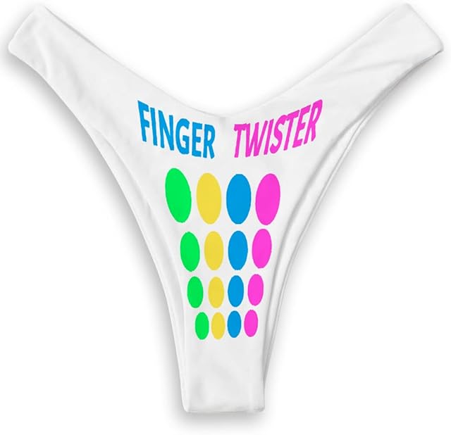 Finger Twister Custom Personalized bikini Thong Printed Sexy Fun Funny bikini Thong Lingerie (M, Panties, White)