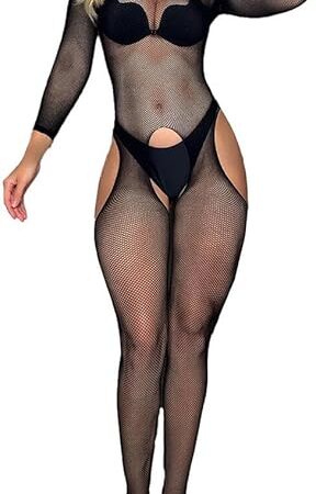Women's Mesh Bodystocking Off The Shoulder Fishnet Bodysuit Tights One Size Stretchy Nightwear