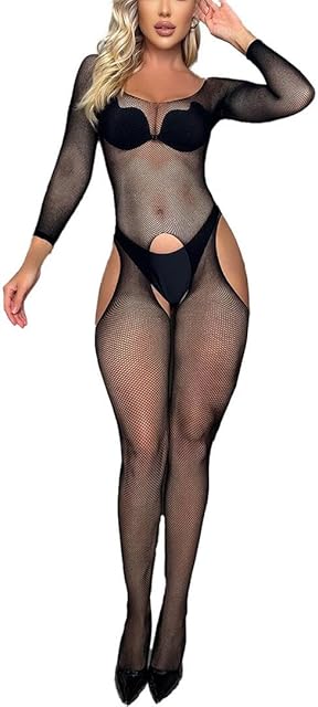 Women's Mesh Bodystocking Off The Shoulder Fishnet Bodysuit Tights One Size Stretchy Nightwear