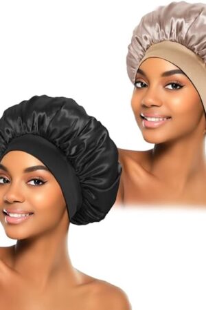 2Pcs Silk Bonnet for Sleeping, Satin Hair Bonnets, Soft Elastic Band Silk Sleep Cap, Hair Wrap for Women (Black Gold)