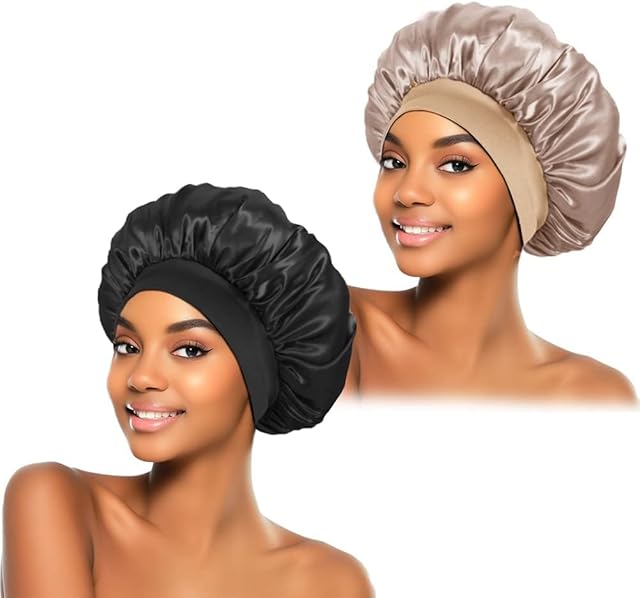 2Pcs Silk Bonnet for Sleeping, Satin Hair Bonnets, Soft Elastic Band Silk Sleep Cap, Hair Wrap for Women (Black Gold)