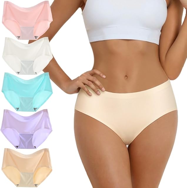 Women Seamless Underwear Soft Stretch Panties Full Coverage Briefs Silk Breathable Hipster Underpants 5 Pack