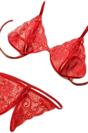 Women's Bra and Panty Set 2 Piece Floral Sheer Lace Lingerie Set Sexy Valentine Underwear Self Tie Bra and Thong Set